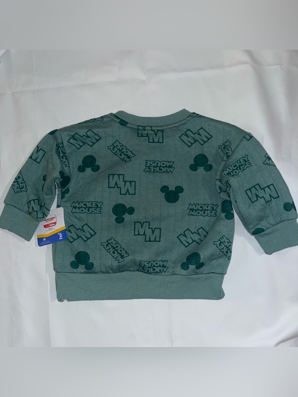 NWT Disney Mickey Mouse Sweatshirt 18M Green Chenille Patch Flaw - Picture 2 of 4